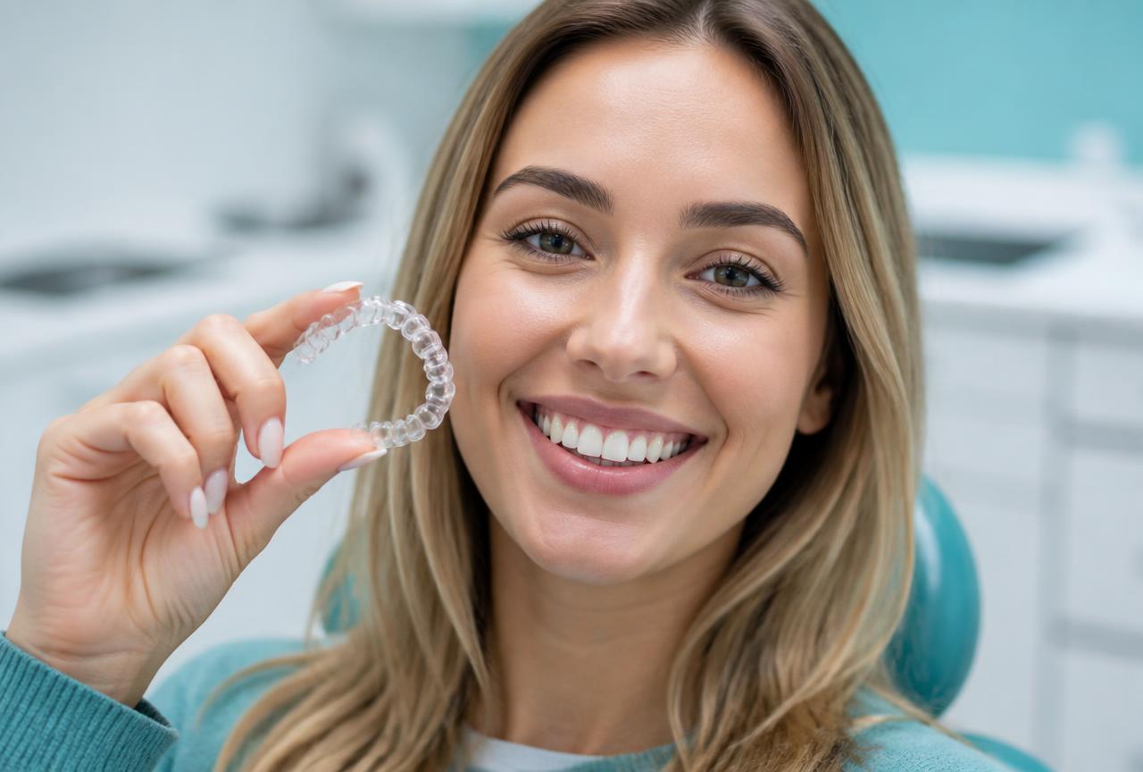 Patient holding a clear Invisalign aligner tray and smiling in Jackson Heights, Queens